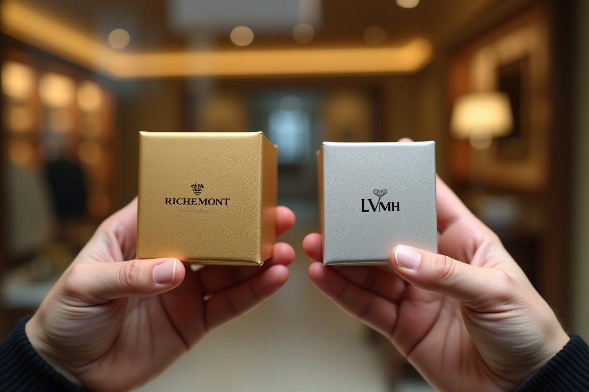 Mains tenant des coffrets luxe Richemont et LVMH en or et argent