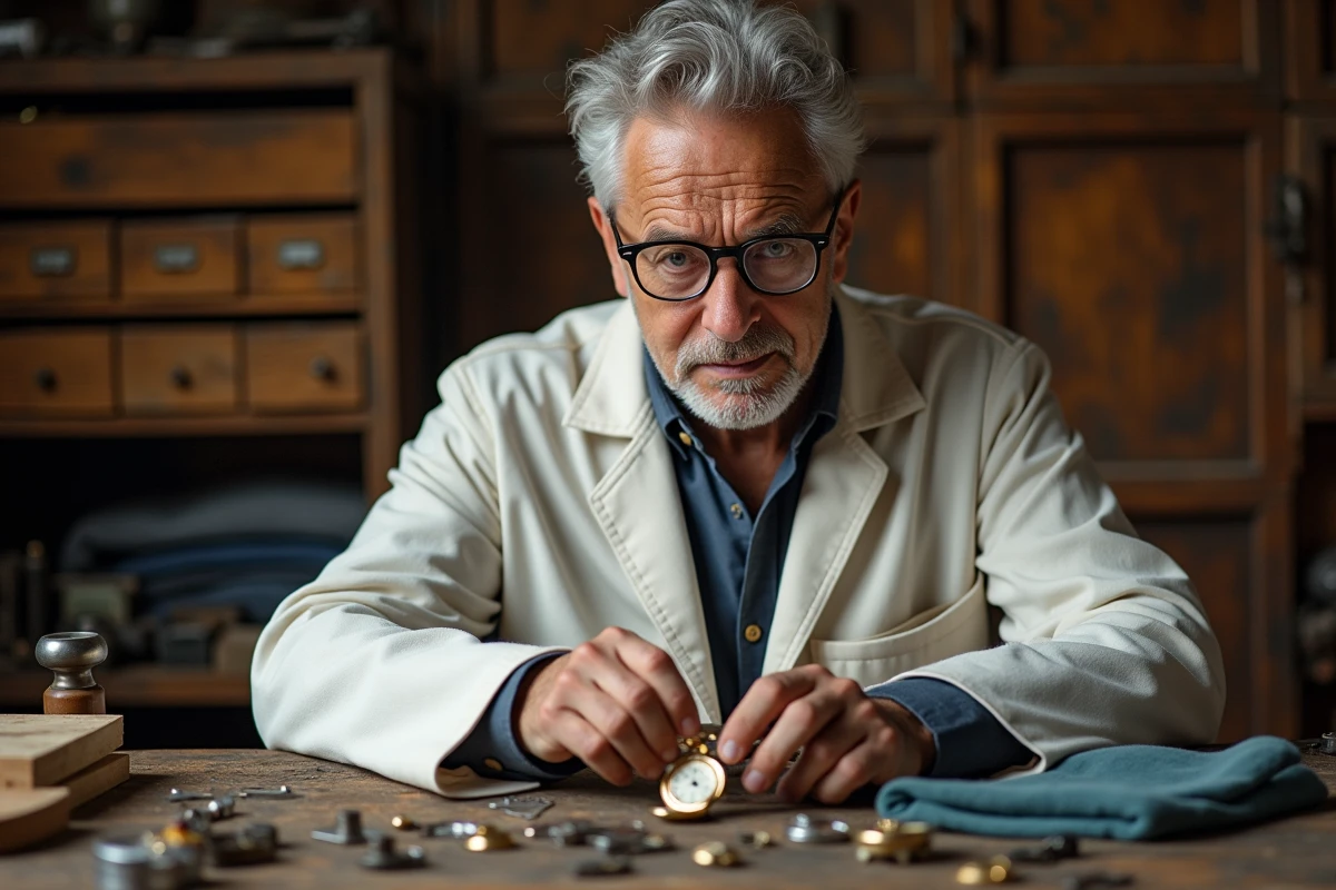 Maître horloger d'expérience examinant une rare montre de poche gravée à la main dans son atelier traditionnel, entouré d'outils miniatures et de pièces d'horlogerie