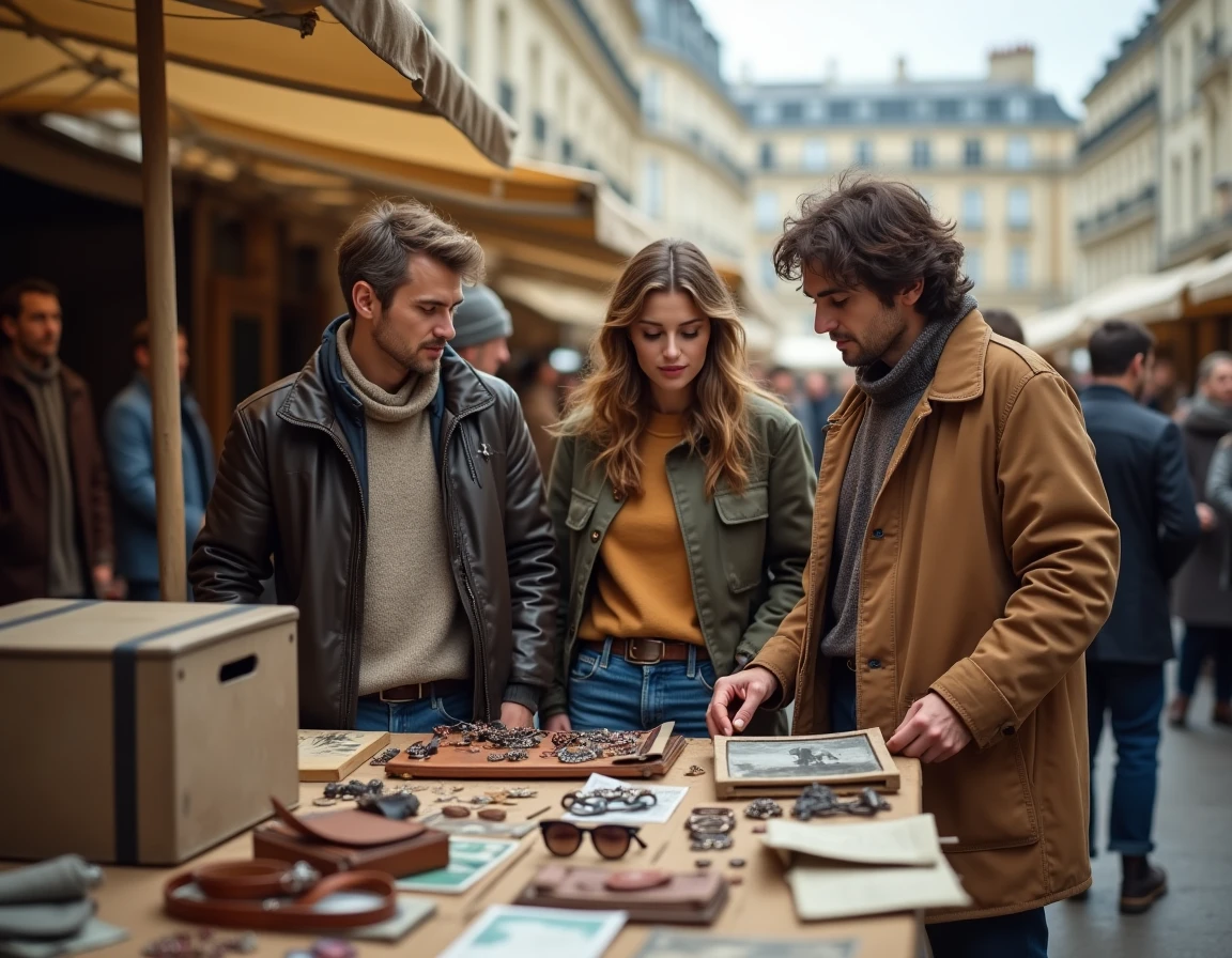 Amis explorant un marché aux puces en plein air à Paris avec des accessoires vintage
