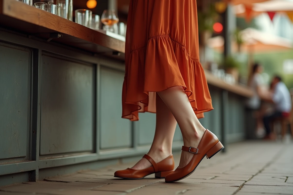 Gros plan sur des chaussures Mary Jane en cuir beige portées avec une robe en mousseline rouille au comptoir d'une guinguette
