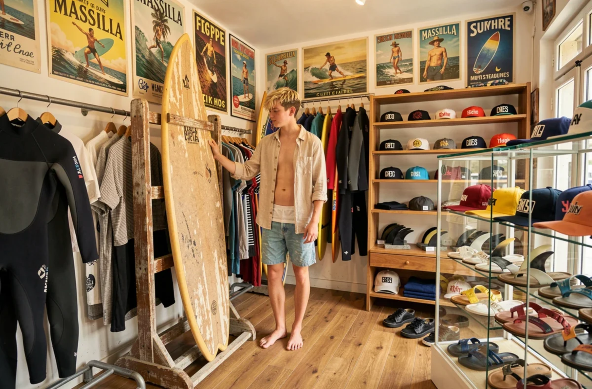Adolescent explorant un longboard et des accessoires surf dans le Massilia Surf Shop de Marseille