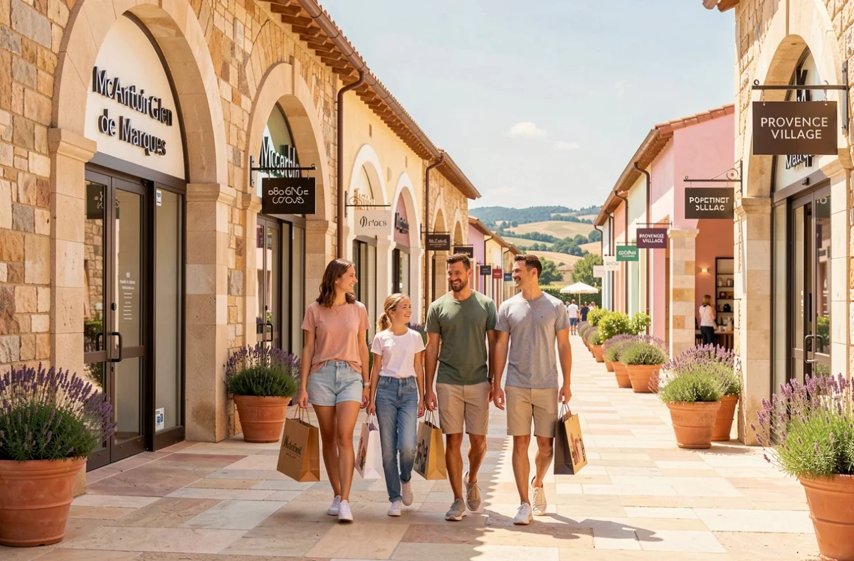 Famille se promenant dans la galerie commerçante en plein air McArthurGlen Provence - Village de Marques
