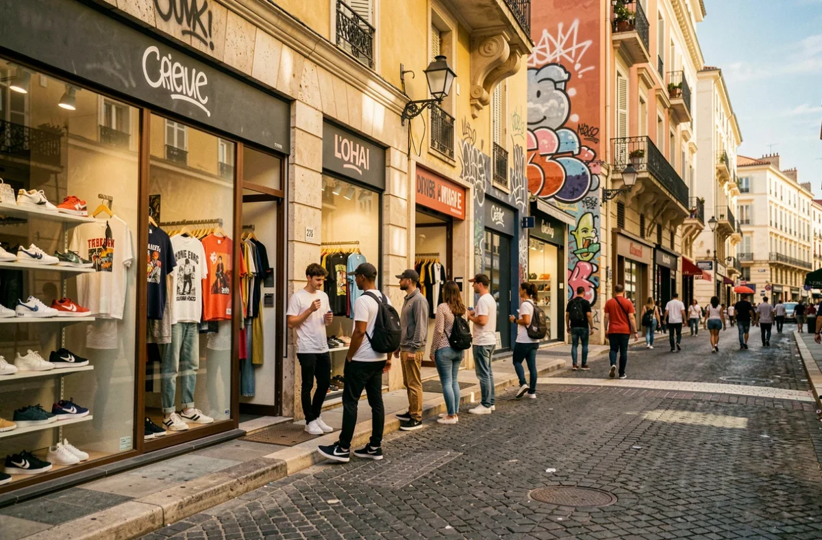 Rue commerçante animée à Marseille avec des boutiques de streetwear et des jeunes passionnés de mode urbaine