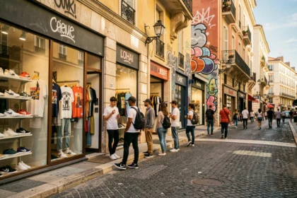 Rue commerçante animée à Marseille avec des boutiques de streetwear et des jeunes passionnés de mode urbaine