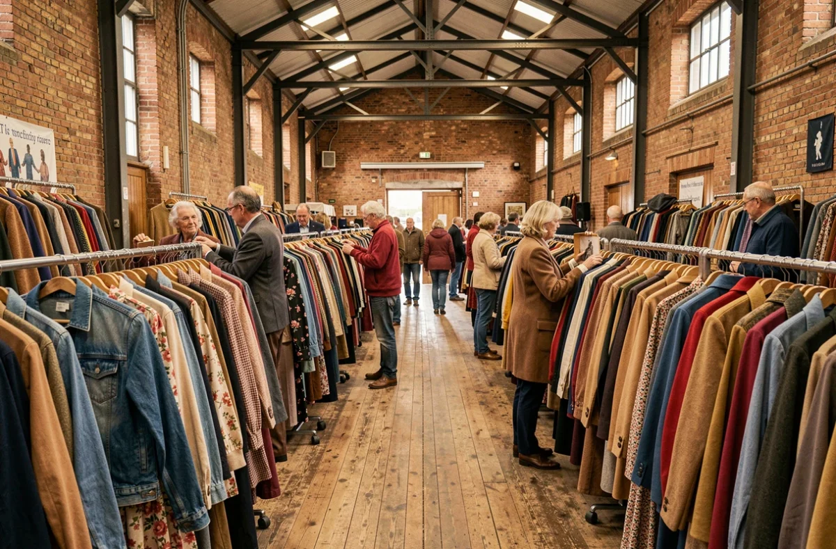 Vue d'ensemble d'une friperie dans le Nord avec des rangées de vêtements vintage colorés et des clients qui fouillent les portants
