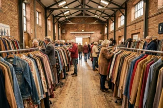 Vue d'ensemble d'une friperie dans le Nord avec des rangées de vêtements vintage colorés et des clients qui fouillent les portants