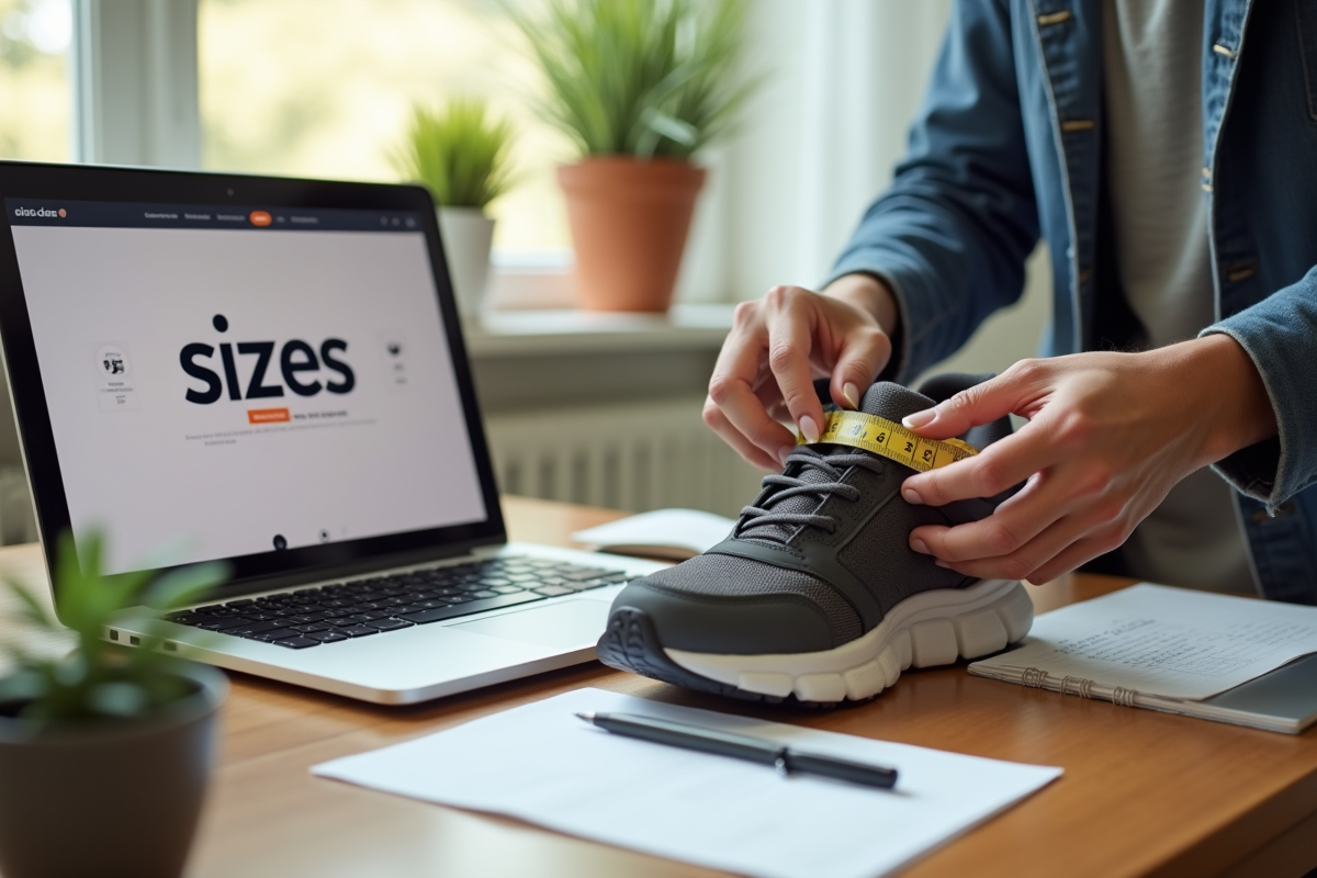 Mains mesurant une sneaker avec un ruban à mesurer dans un bureau lumineux