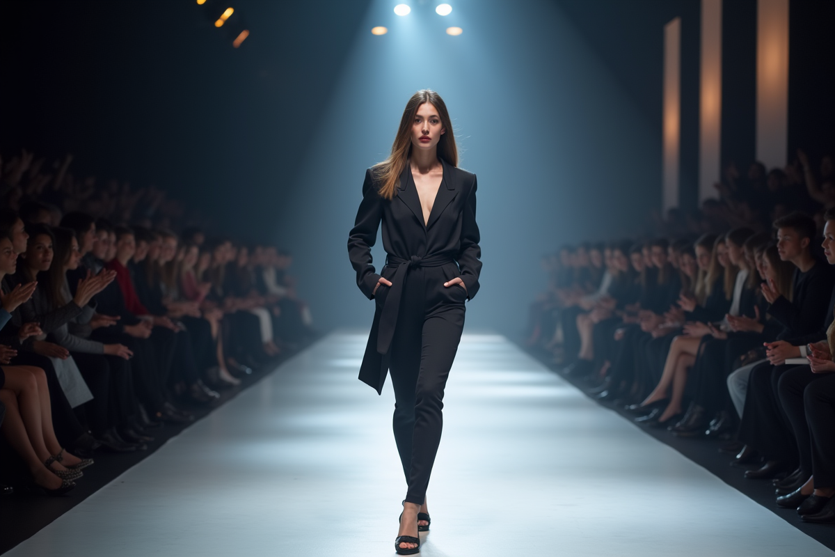 Modèle confiant marchant sur un défilé lumineux et stylé