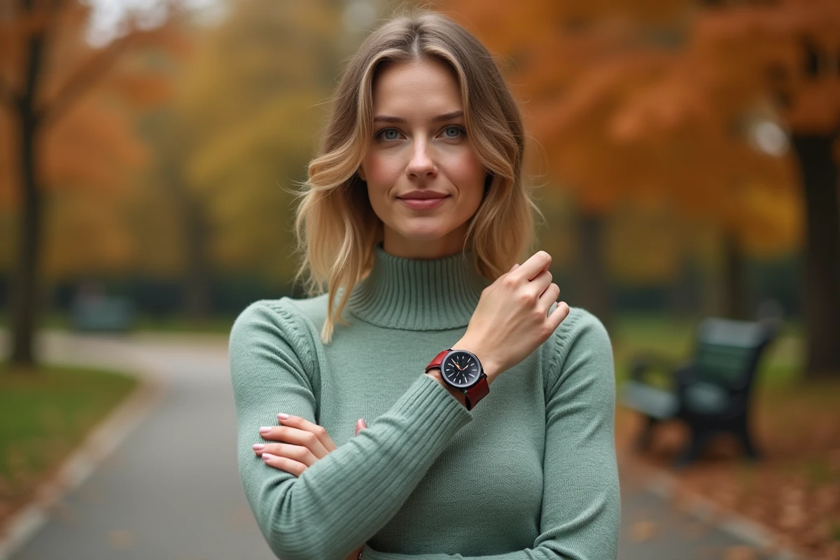 Femme à teint clair portant une montre double bracelet cuir bordeaux en extérieur en automne