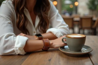 Montre double bracelet cuir camel portée par une femme à carnation mate dans un café parisien