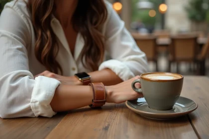 Montre double bracelet cuir camel portée par une femme à carnation mate dans un café parisien