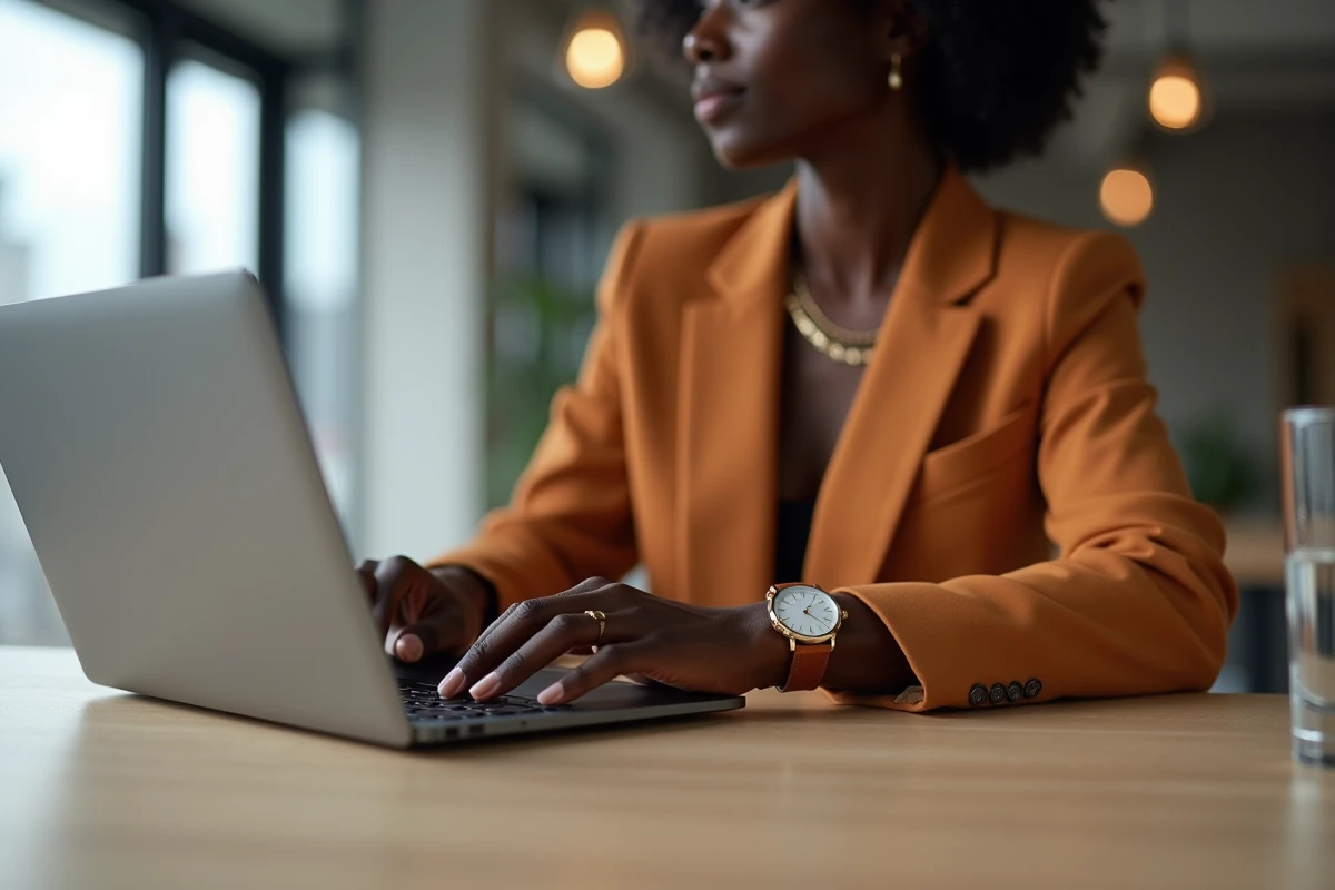 Femme à peau foncée portant une montre double bracelet cuir cognac dans un bureau contemporain
