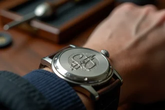Montre homme personnalisée avec gravure d'initiales sur le fond de boîtier en argent posée sur bois de noyer