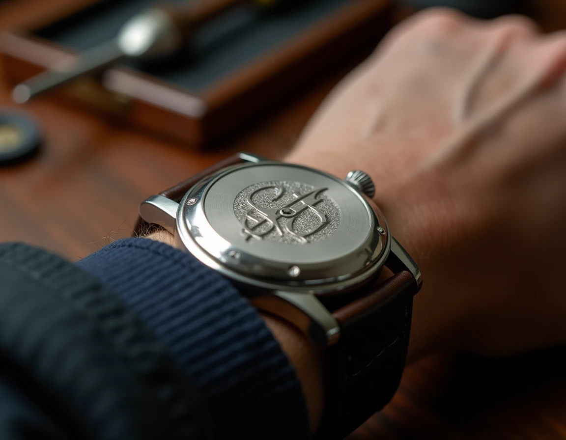 Montre homme personnalisée avec gravure d'initiales sur le fond de boîtier en argent posée sur bois de noyer