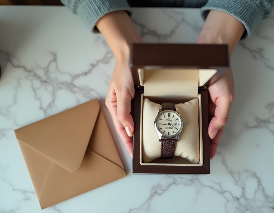 Montre homme avec message gravé présentée dans son écrin de luxe en daim crème tenu par des mains féminines sur marbre blanc