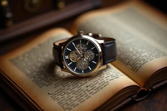 Montre mécanique de luxe squelettée posée sur un livre ancien relié cuir avec inscriptions dorées, évoquant l'héritage des grandes maisons horlogères suisses