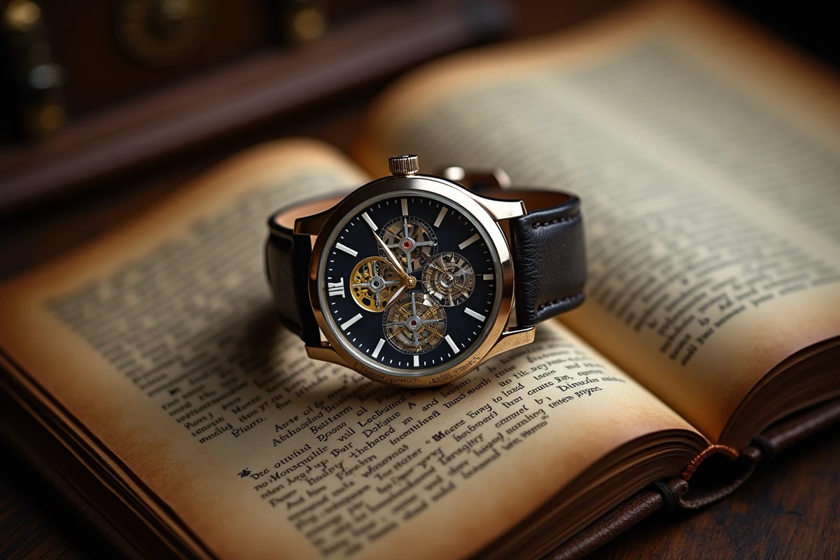 Montre mécanique de luxe squelettée posée sur un livre ancien relié cuir avec inscriptions dorées, évoquant l'héritage des grandes maisons horlogères suisses