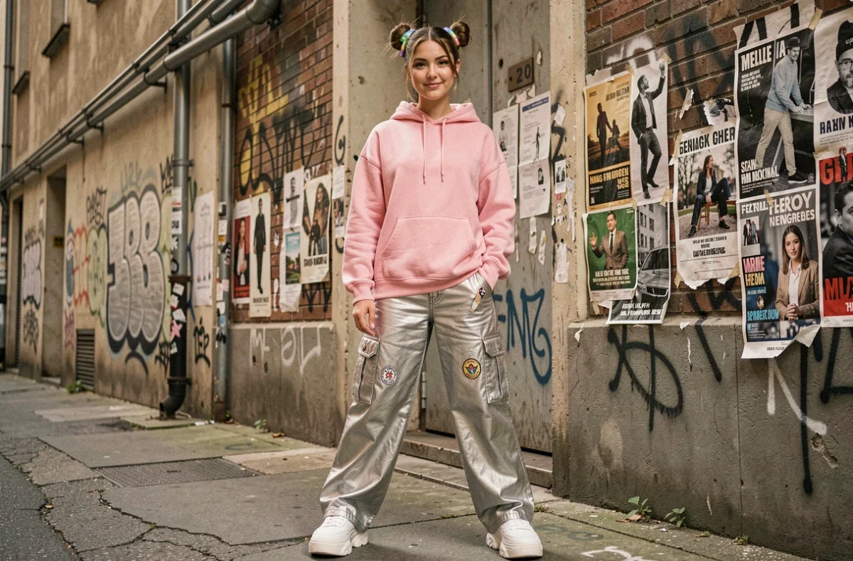 Jeune femme tendance mouvement Techno Pouffe en tenue pastel et cargo pants devant un mur urbain taggé