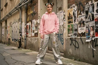 Jeune femme tendance mouvement Techno Pouffe en tenue pastel et cargo pants devant un mur urbain taggé
