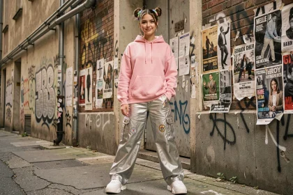 Jeune femme tendance mouvement Techno Pouffe en tenue pastel et cargo pants devant un mur urbain taggé