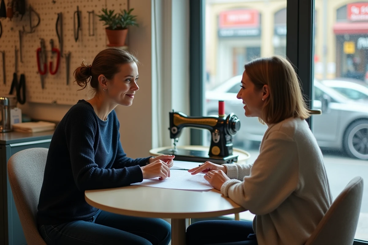 Jeune femme négociant le prix d'un ourlet avec une couturière devant une liste tarifaire dans une boutique de retouches