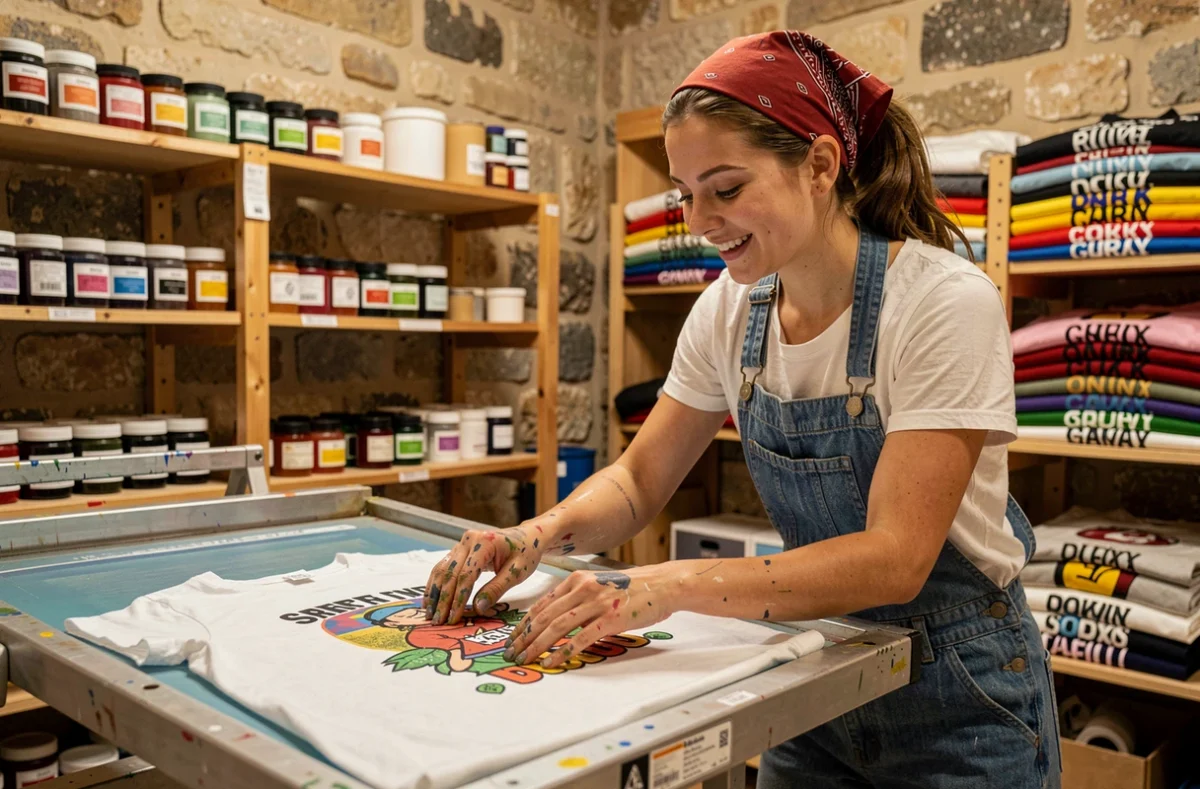 Jeune femme réalisant une impression personnalisée sur t-shirt dans l'atelier Nouvelle Vision Impression - César du Panier à Marseille