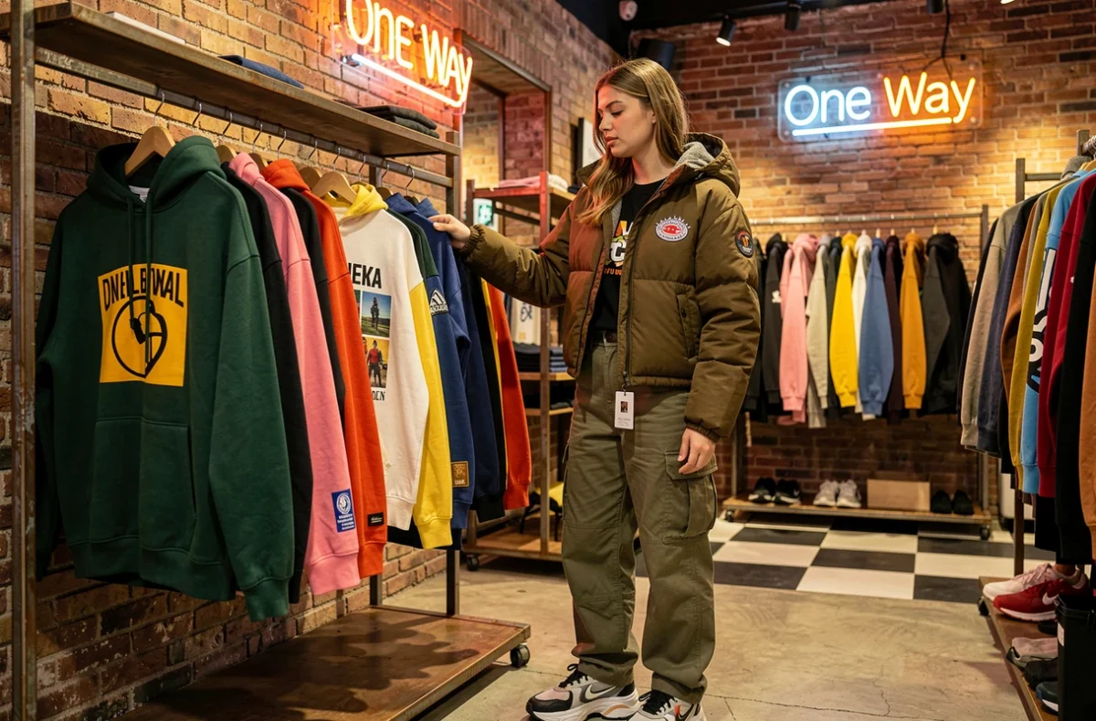 Jeune femme choisissant un sweatshirt streetwear dans la boutique One Way à Marseille