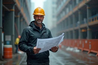 Ouvrier masculin debout sous la pluie sur un chantier