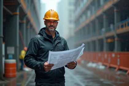 Ouvrier masculin debout sous la pluie sur un chantier
