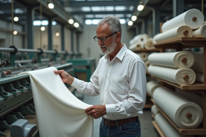Ouvrier textile homme examinant un tissu de coton fin