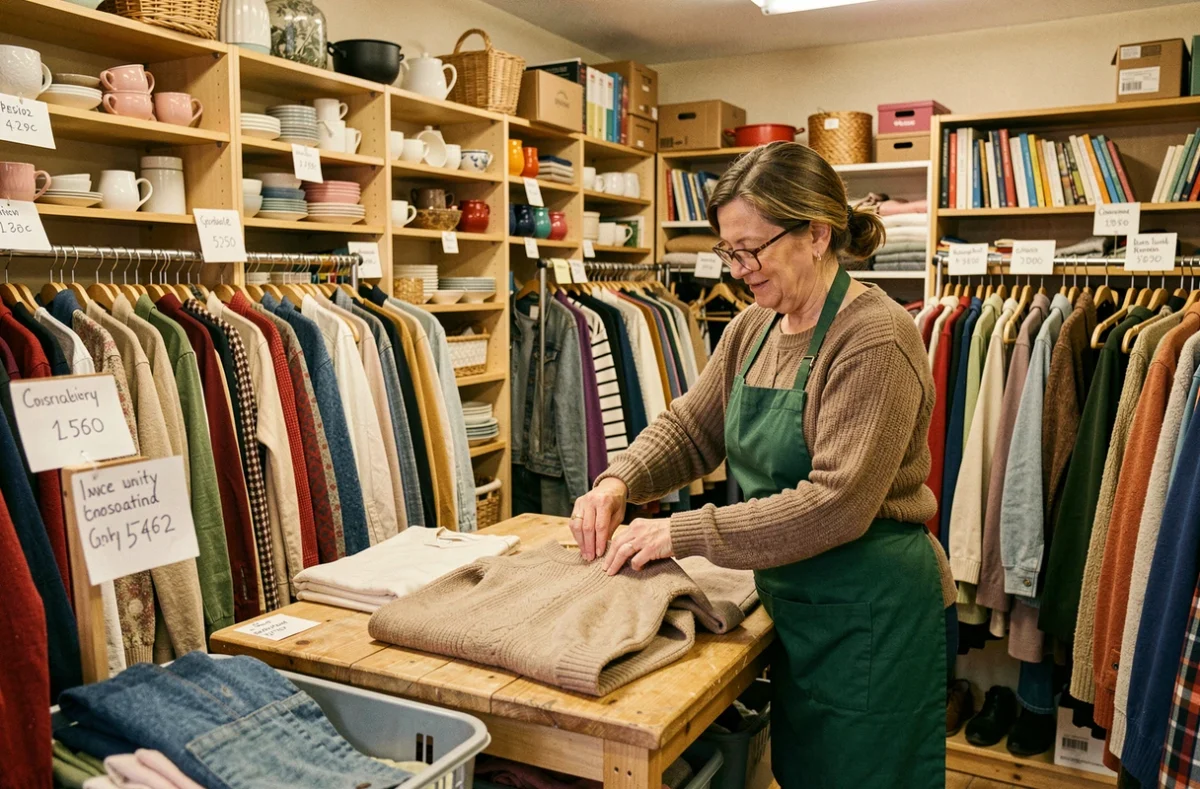 Bénévole dans la friperie solidaire Oxfam La Friperie à Lille, triant des vêtements donnés dans un espace chaleureux et organisé