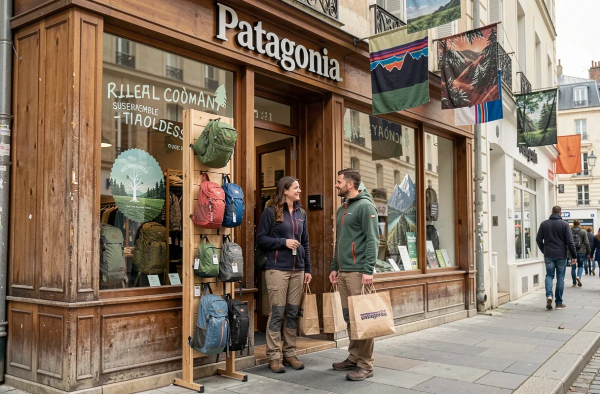 Couple examinant des vêtements techniques durables devant la boutique Patagonia dans les Bouches-du-Rhône