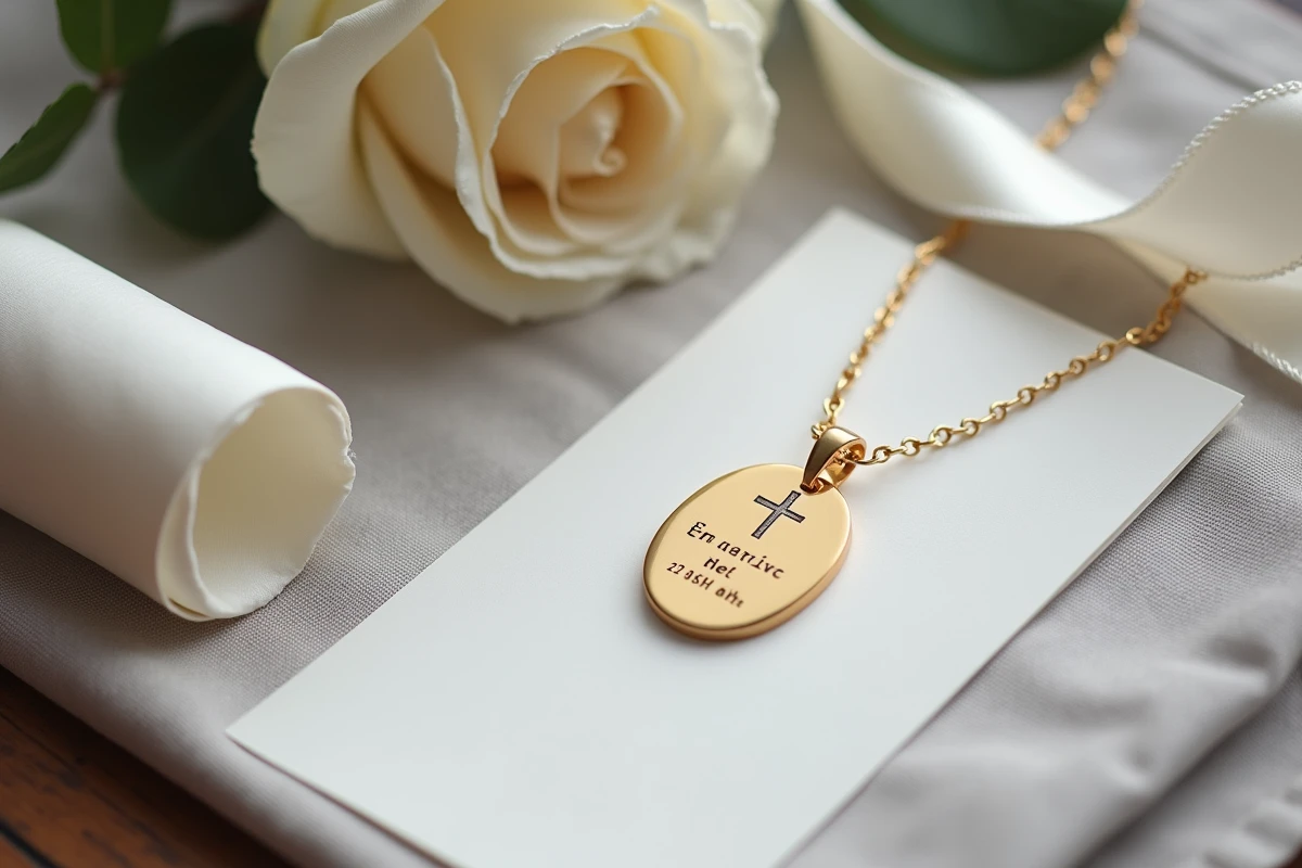 Pendentif baptême en or gravé avec croix et prénom posé près d'un faire-part et d'une rose séchée sur lin gris