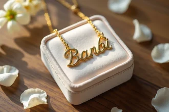 Pendentif en or gravé avec un prénom en cursive posé dans un écrin de velours ivoire pour un baptême