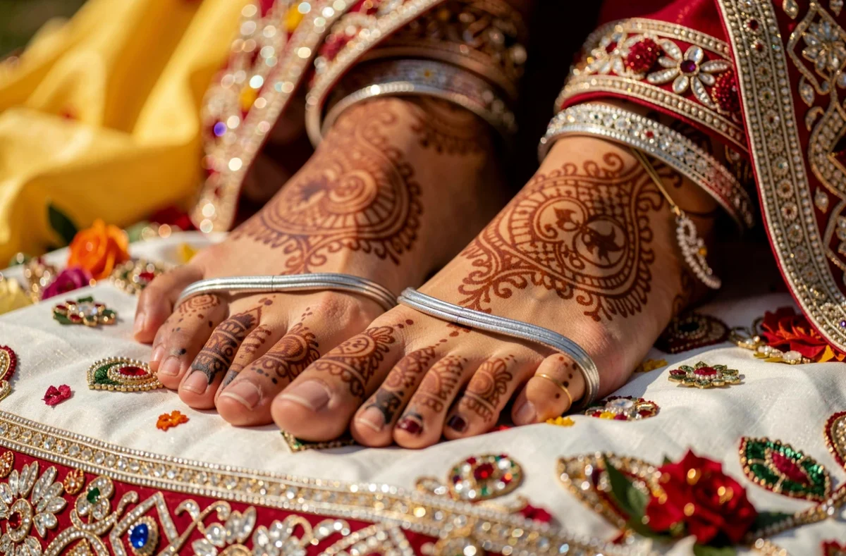 Pieds ornés de bagues d'orteil en argent lors d'un mariage indien