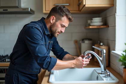 Plombier homme en overalls installant un robinet moderne