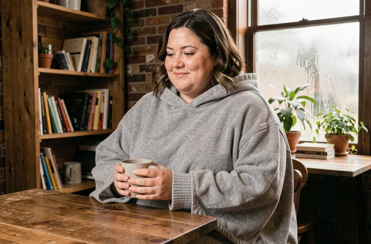 Femme ronde en poncho polaire gris chiné assise dans un café chaleureux avec une tasse en céramique