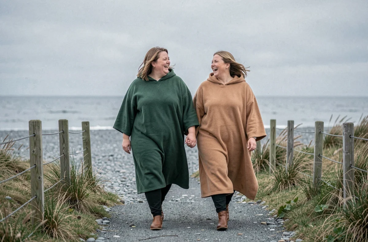 Deux femmes grande taille en ponchos polaires vert et camel marchant sur un sentier côtier au bord de la mer