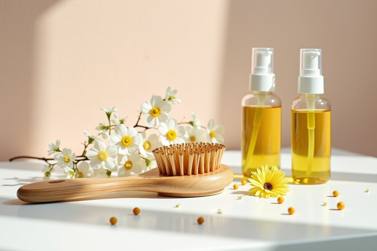 Produits de soin capillaire et ingrédients naturels sur une table blanche