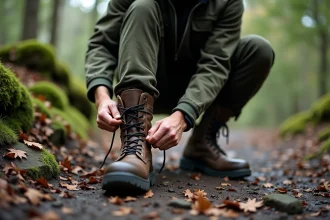 Homme en rangers tactiques militaires ajustant ses lacets sur un sentier forestier rocheux