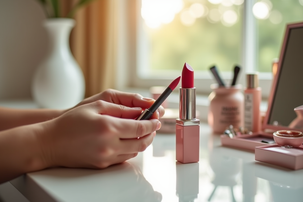 Personne remplissant un rouge à lèvres luxueux sur un miroir