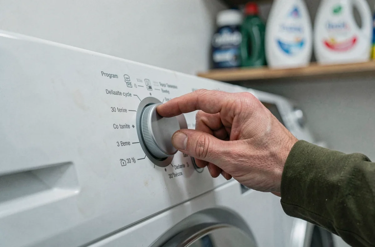 Réglage du programme délicat à 30°C sur le tableau de bord d'un lave-linge pour laver des converses