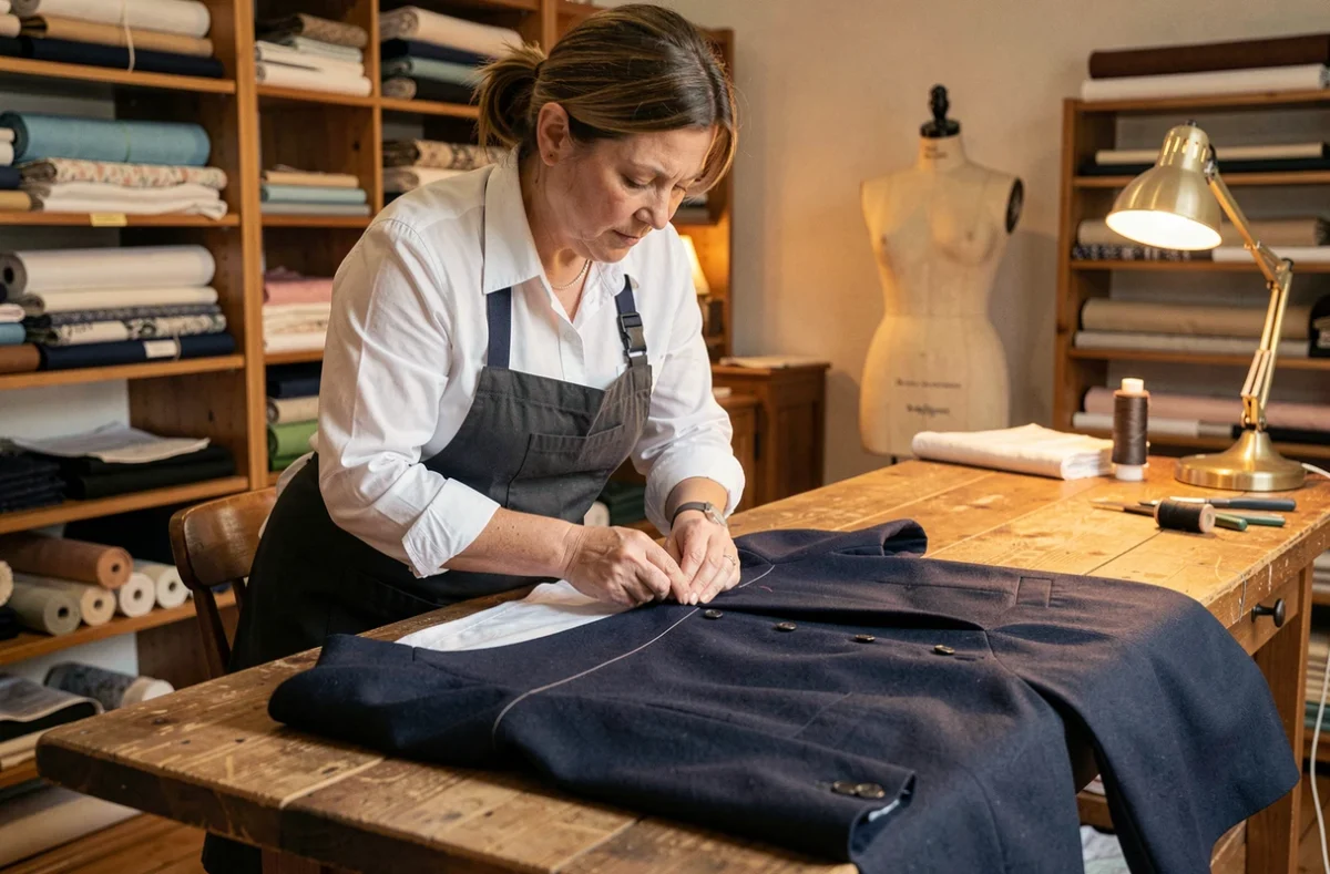 Couturière réalisant une retouche classique à la main sur un blazer marine dans un atelier traditionnel