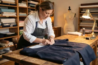 Couturière réalisant une retouche classique à la main sur un blazer marine dans un atelier traditionnel