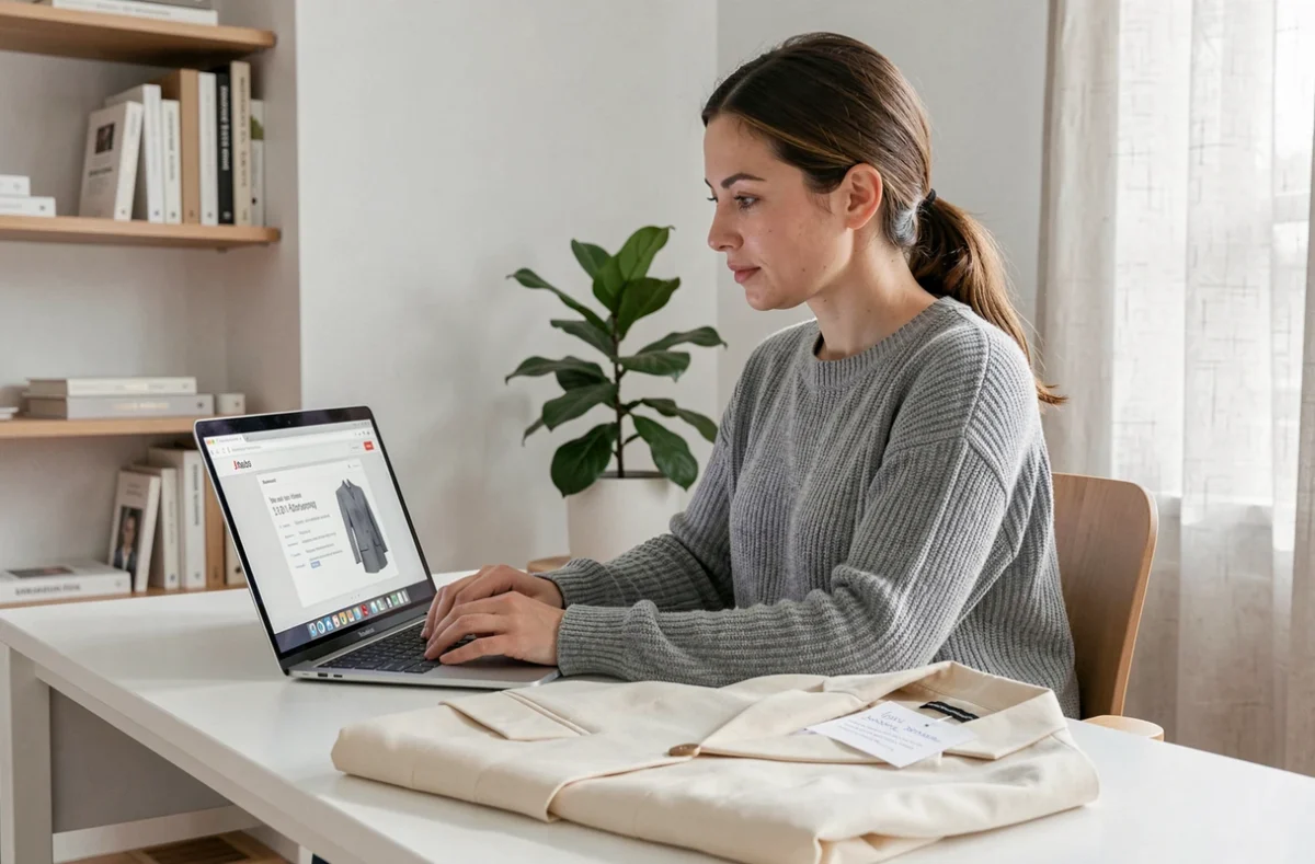 Femme utilisant une retoucherie en ligne depuis son domicile pour faire retoucher un blazer