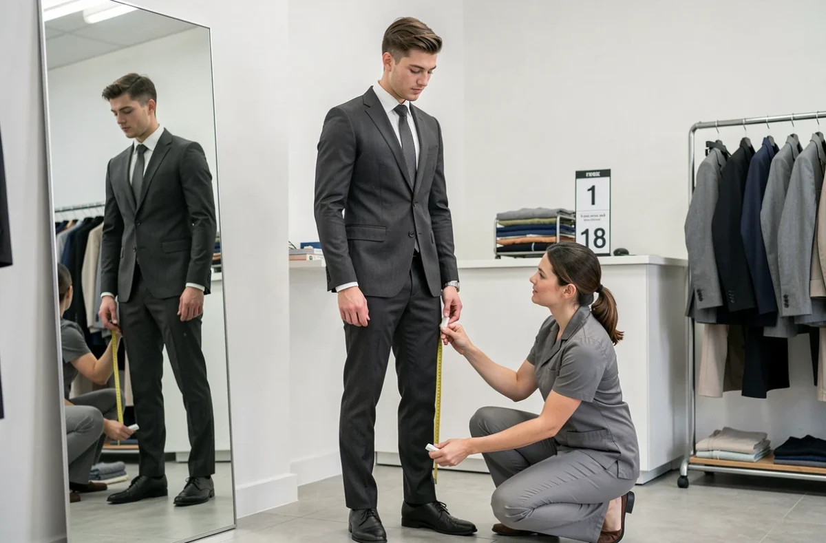 Client en costume essayant des retouches express dans une boutique de retouche rapide moderne