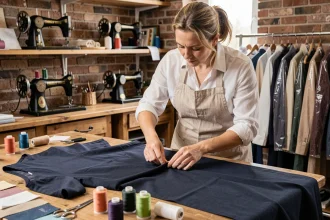 Retoucheuse professionnelle inspectant une robe dans une retoucherie traditionnelle à Sainte-Geneviève-des-Bois