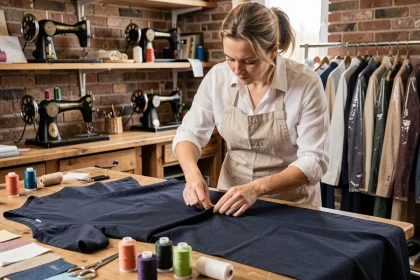 Retoucheuse professionnelle inspectant une robe dans une retoucherie traditionnelle à Sainte-Geneviève-des-Bois