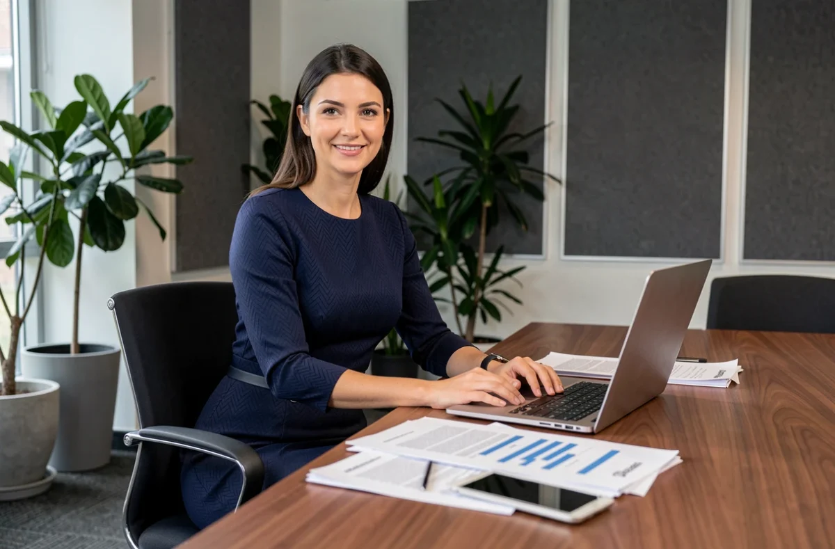 Femme assise en robe fourreau marine Sinequanone lors d'une réunion dans un bureau contemporain