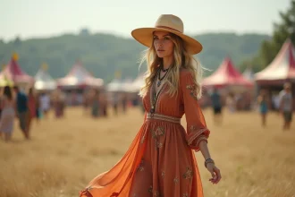 Femme en robe hippie longue aux motifs brodés avec chapeau de paille et colliers bohèmes dans un festival en plein air